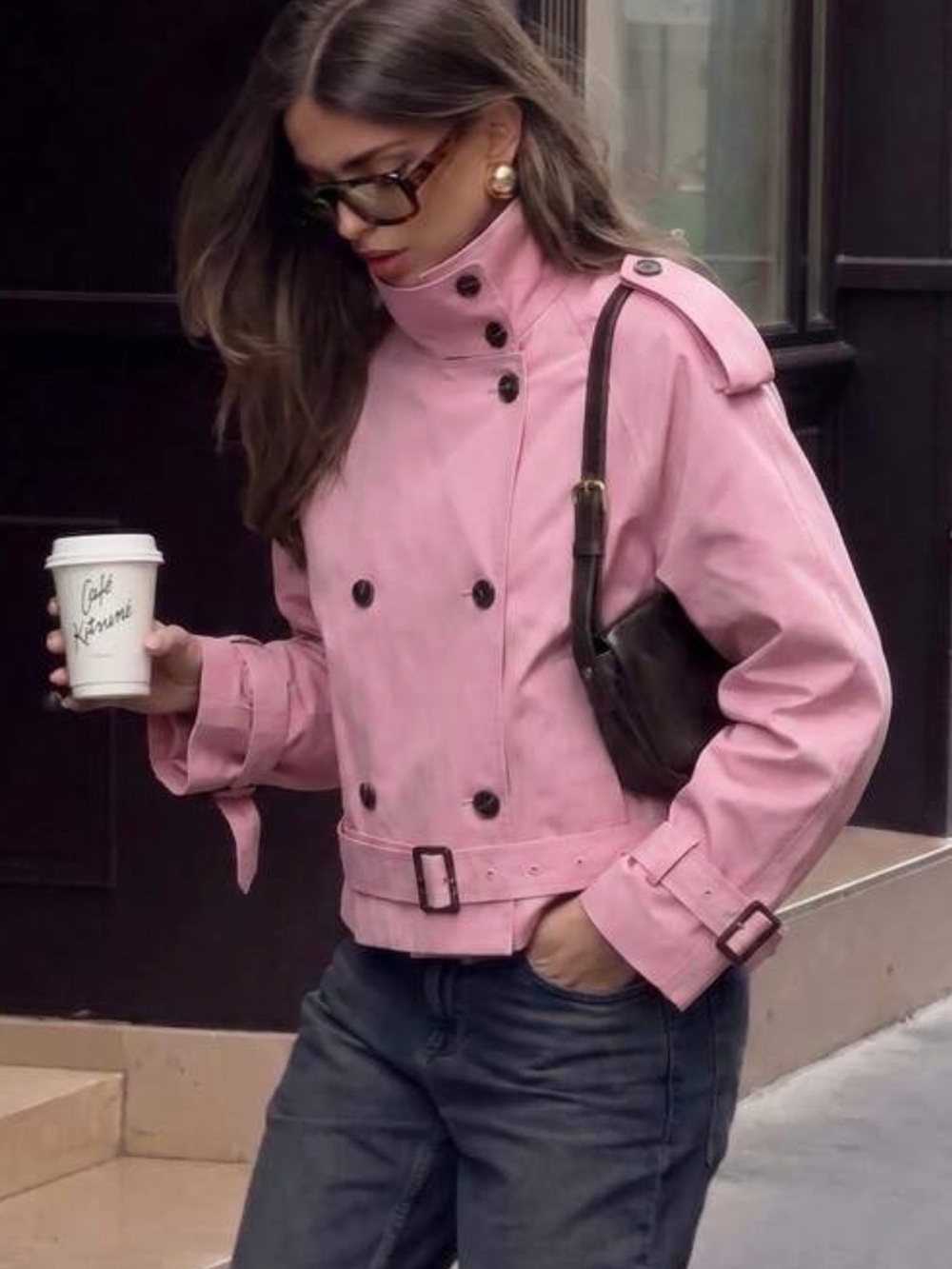 High Collar Neck Women's Pink Short Belted Trench Coat Jacket NWT Size Large